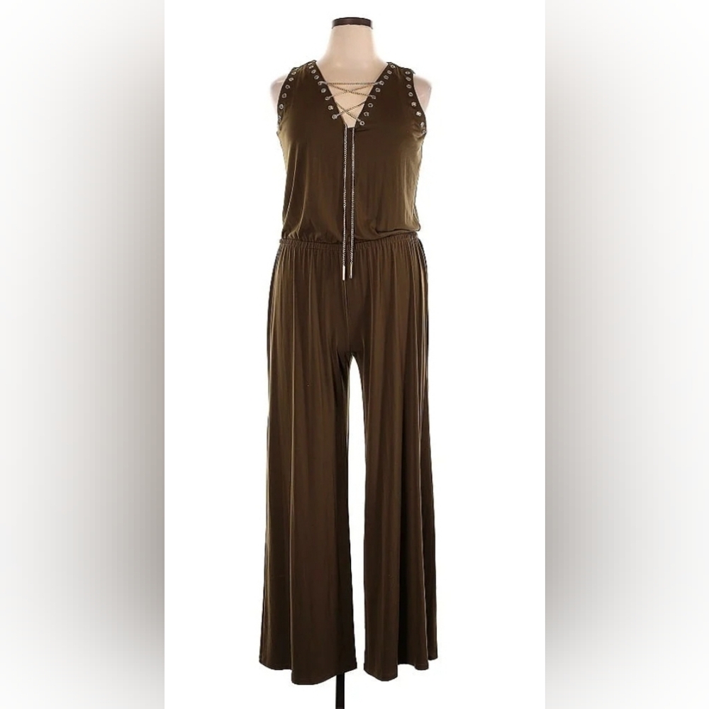 Michael Kors Green and Gold Jumpsuit with Wide Legs and Deep V-Neck